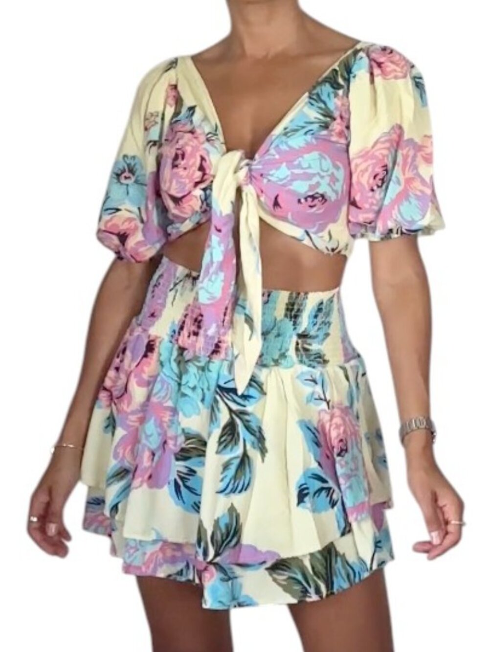 Maaji Two Piece Set Matching Top Skirt Cream Blue Floral Print, Size M